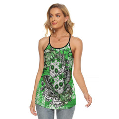 Green Skull Butterfly Criss-Cross Open Back Tank Top, Coolest T-Shirt For Women - Wonder Skull