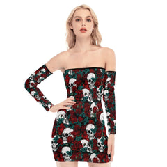 Skull Sugar Rose Pattern Off-shoulder Back Lace-up Dress - Wonder Skull