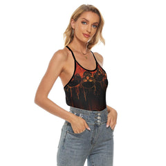 Red Black Double Line Skull Artwork Hand Criss-Cross Open Back Tank Top, Trending T-Shirt For Women - Wonder Skull