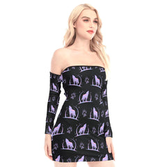 Holography Wolf Pattern Off-shoulder Back Lace-up Dress - Wonder Skull