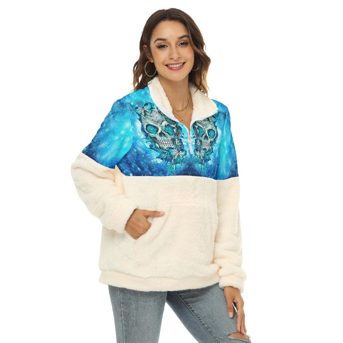 Blue Ice Skull Butterfly Fleece Sweatshirt With Half Zip - Wonder Skull