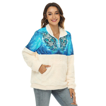 Blue Ice Skull Butterfly Fleece Sweatshirt With Half Zip - Wonder Skull