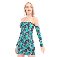 Cyan Skull Peony Off-shoulder Back Lace-up Dress - Wonder Skull