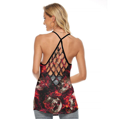 Red Electric Skull Artwork Hand Criss-Cross Open Back Tank Top, Trending T-Shirt For Women - Wonder Skull