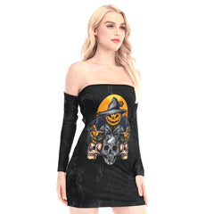 Scary Pumpkin And Skull Off-shoulder Back Lace-up Dress - Wonder Skull