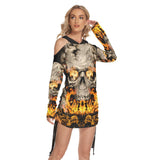 Skull Gothic Flame All-Over Print Women One Shoulder Dress With Waist Shirring, Hot Long Hoodie For - Wonder Skull