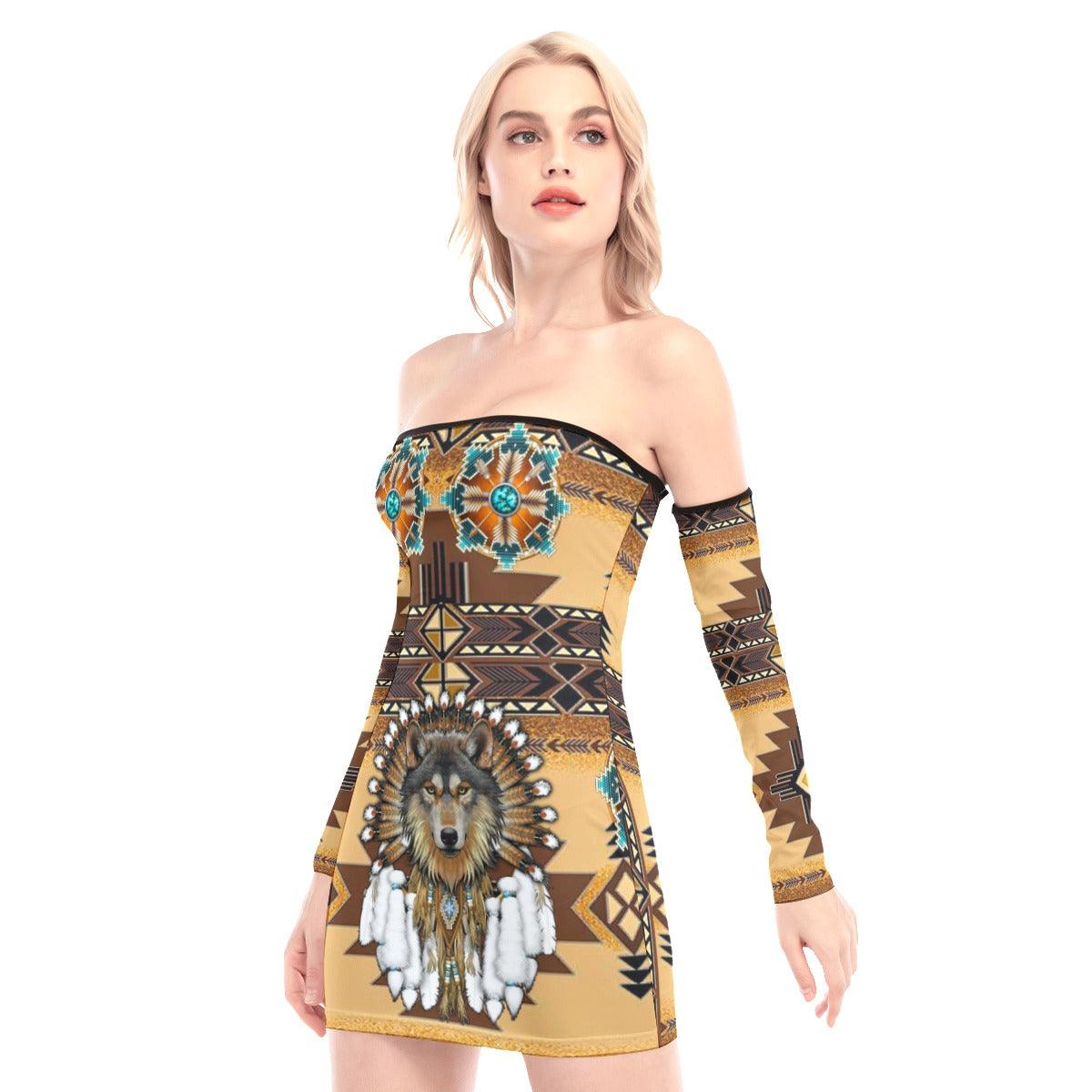 The Native Wolf Off-shoulder Back Lace-up Dress - Wonder Skull