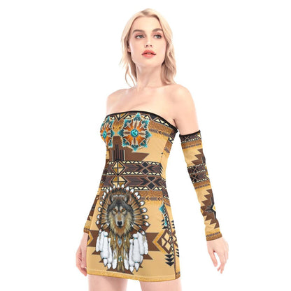 The Native Wolf Off-shoulder Back Lace-up Dress - Wonder Skull