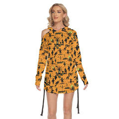 Halloween Witchy Night All Over Print Women One Shoulder Dress With Waist Shirring, Long Hoodie For Women - Wonder Skull