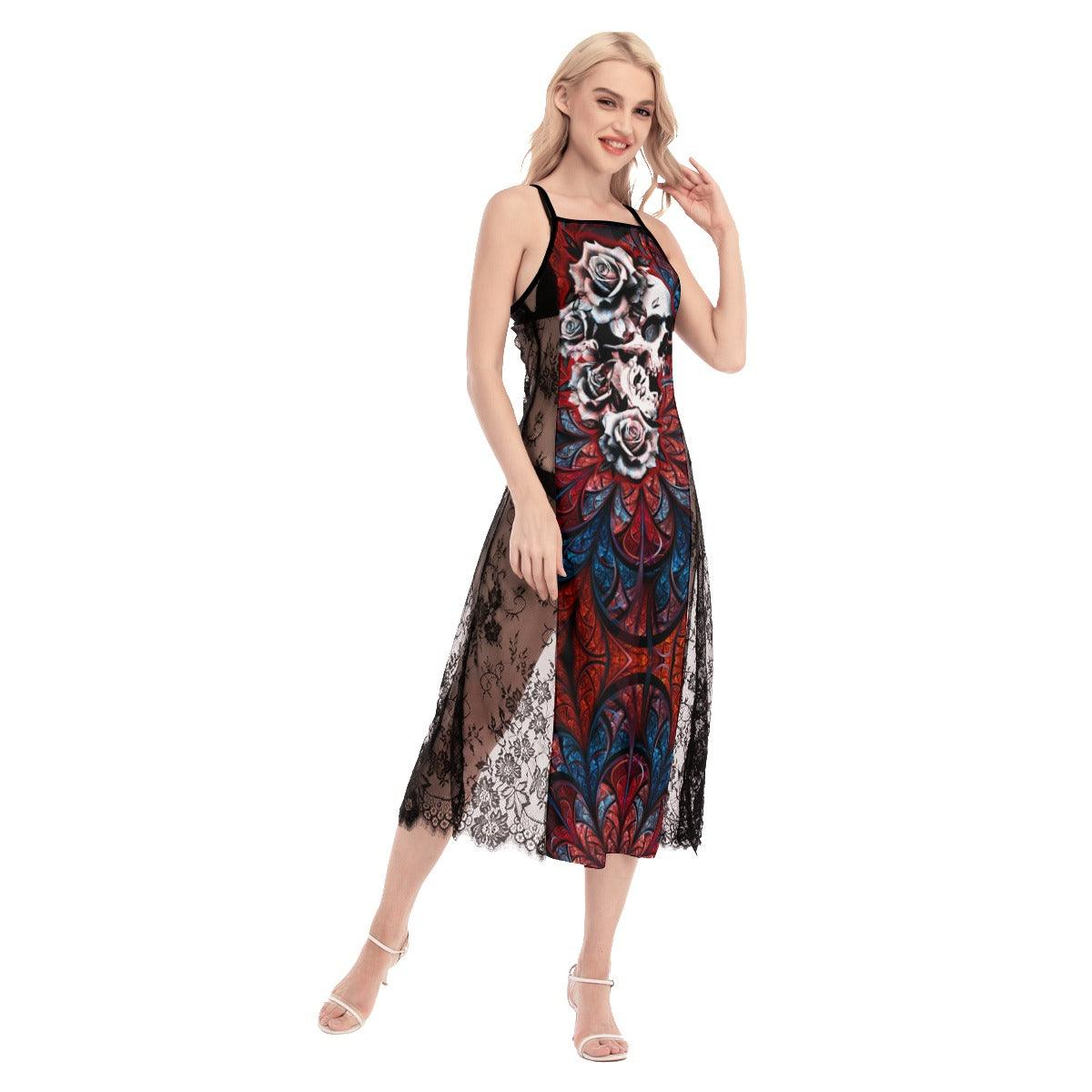 Skull Gothic Red Lace Cami Cross Back Women Dress - Wonder Skull
