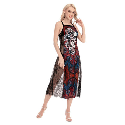 Skull Gothic Red Lace Cami Cross Back Women Dress - Wonder Skull