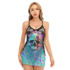 Hologram Skull All-Over Print Women's Black Lace Cami Dress - Wonder Skull