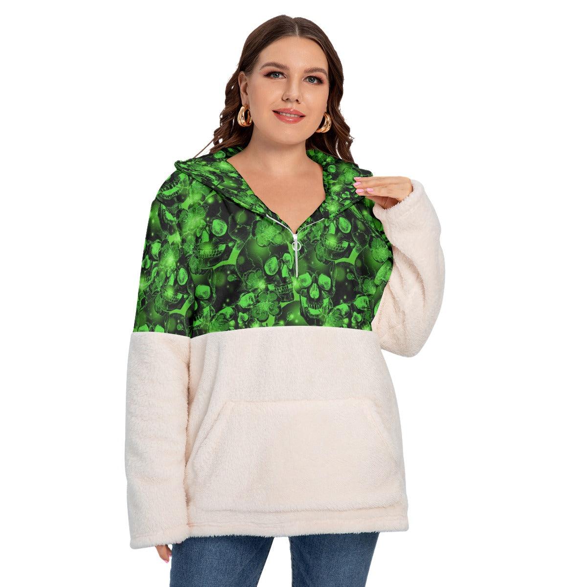 Green Skull Borg Fleece Hoodie With Half Zip - Wonder Skull