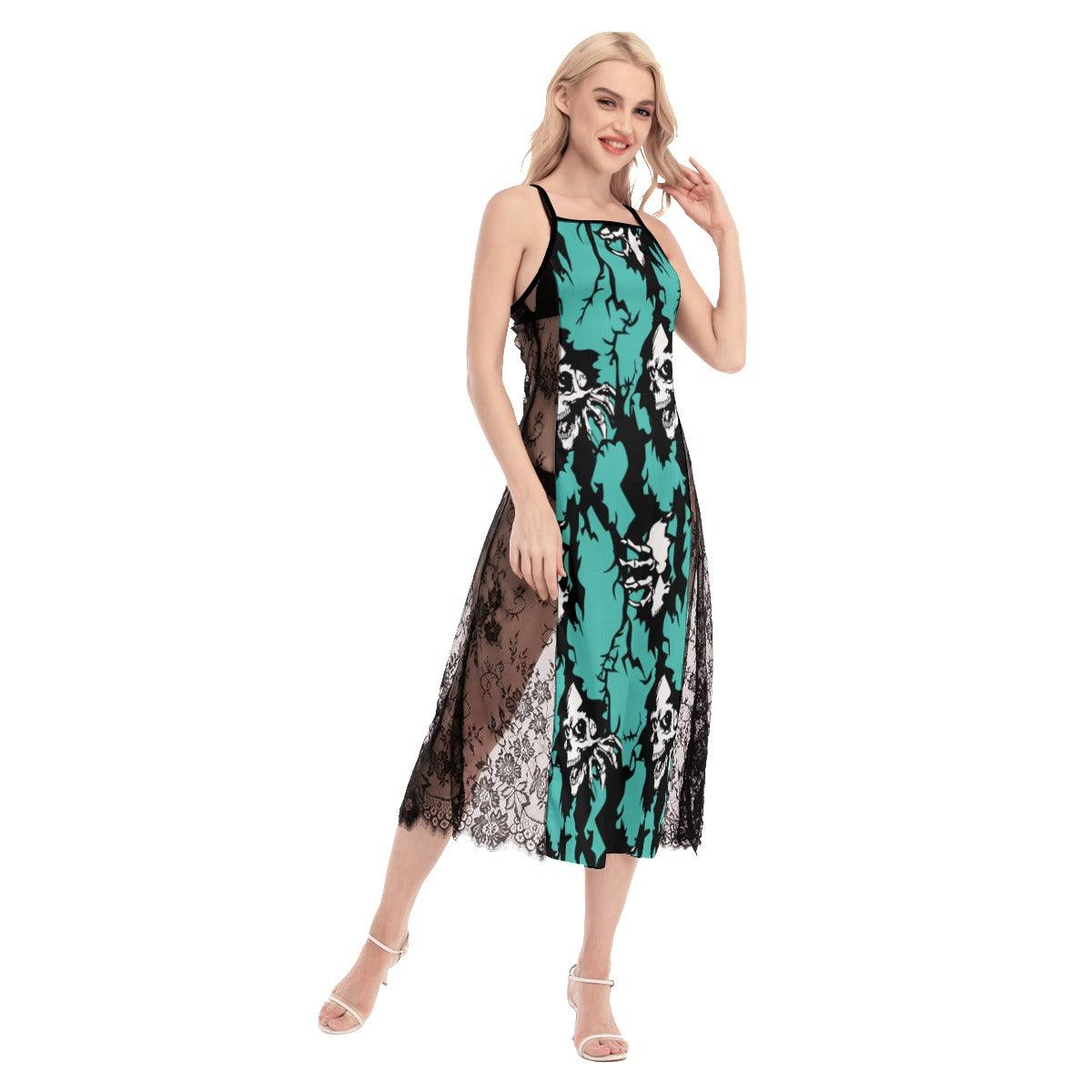 Hot Crack Skull Cyan Lace Cami Cross Back Women Dress - Wonder Skull