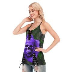 Skull Flower Purple Gothic Eyelet Lace-up Letter Dress - Wonder Skull