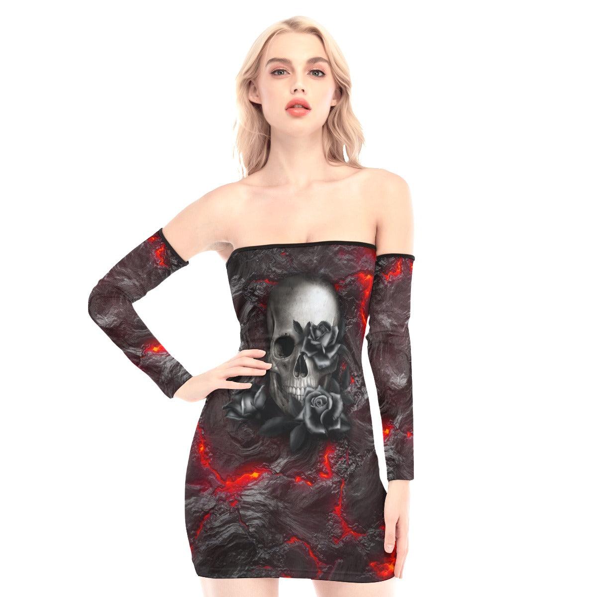 Skull Lava Black Roses Off-shoulder Back Lace-up Dress - Wonder Skull