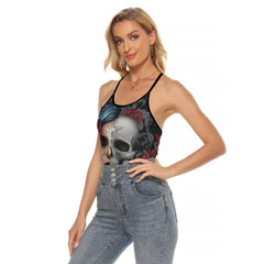 Vintage Gothic Girl Skull Rose Criss-Cross Open Back Tank Top, Coolest T-Shirt For Women - Wonder Skull