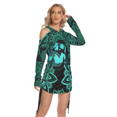 Lotus Mandala Cyan Skull Print Open Shoulder Dress - Wonder Skull