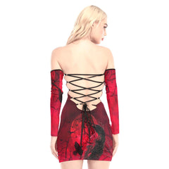 Red Scary Forest Raven Off-shoulder Back Lace-up Dress - Wonder Skull