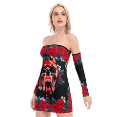 Skull Rose Flower Gothic Off-shoulder Back Lace-up Dress - Wonder Skull