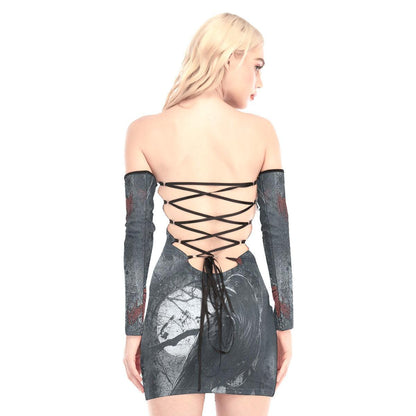 Raven Artwork Off-shoulder Back Lace-up Dress - Wonder Skull