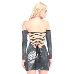 Raven Artwork Off-shoulder Back Lace-up Dress - Wonder Skull