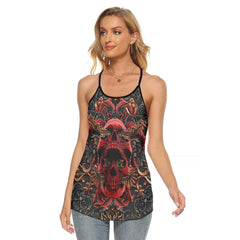 Red Ornament Skull Gothic Criss-Cross Open Back Tank Top, Coolest T-Shirt For Women - Wonder Skull