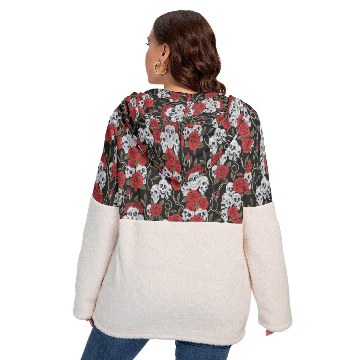 Skull With Rose Borg Fleece Hoodie With Half Zip - Wonder Skull
