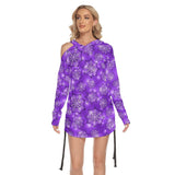 Purple Spider Net All Over Print Women One Shoulder Dress With Waist Shirring, Hot Long Hoodie For Women - Wonder Skull
