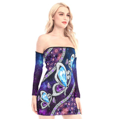 Galaxy Gem Butterflies Off-shoulder Back Lace-up Dress - Wonder Skull