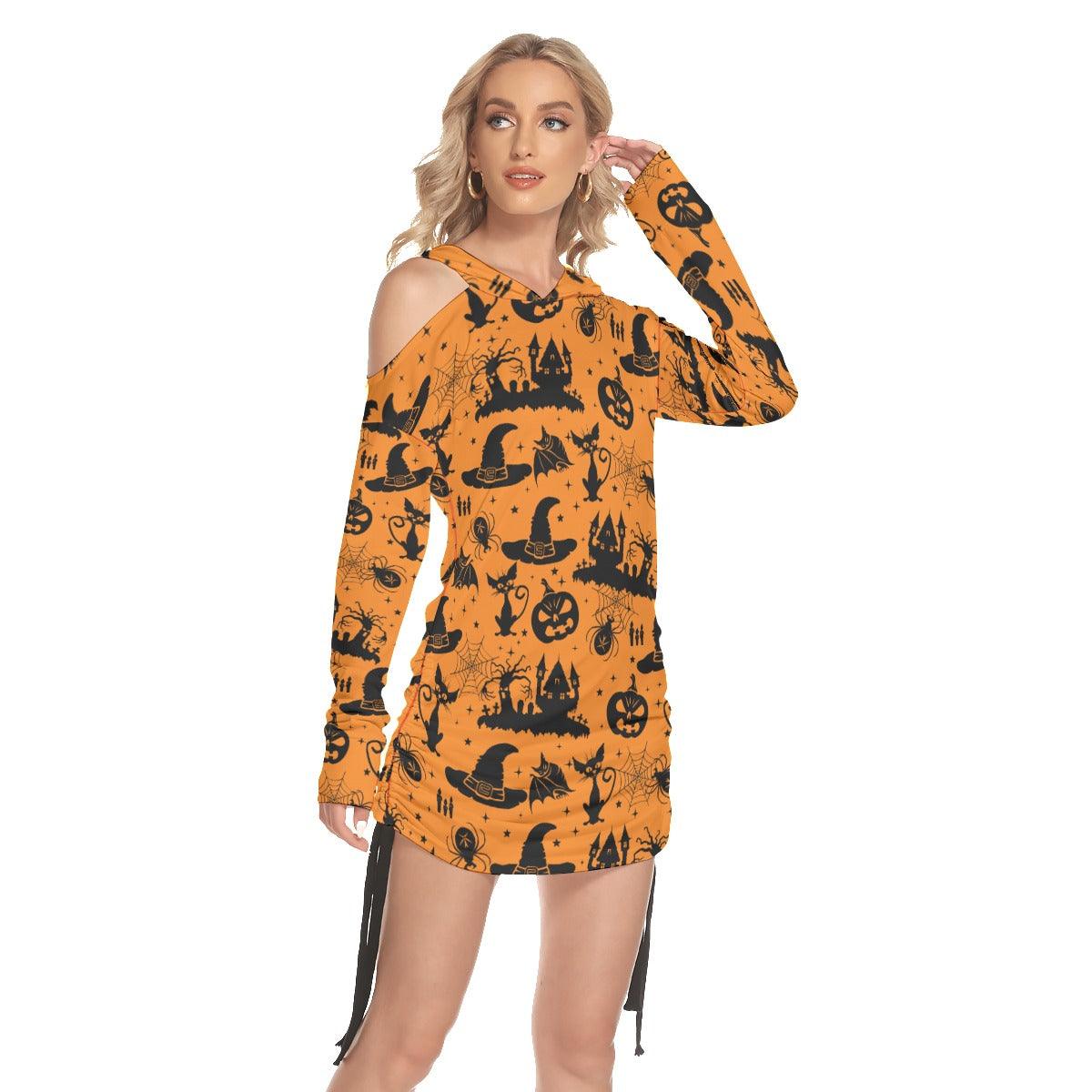 Halloween Cat Pumpkin All Over Print Women One Shoulder Dress With Waist Shirring, Long Hoodie For Women - Wonder Skull