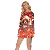 Skull Fire Heaven All Over Print Women One Shoulder Dress With Waist Shirring, Long Hoodie For Women - Wonder Skull