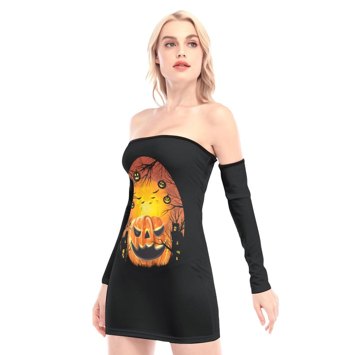 Laughing Scary Pumpkin Off-shoulder Back Lace-up Dress - Wonder Skull
