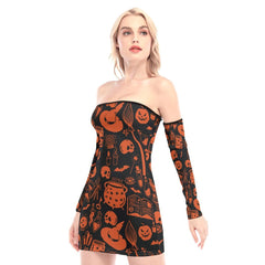 Halloween Pattern Off-shoulder Back Lace-up Dress - Wonder Skull