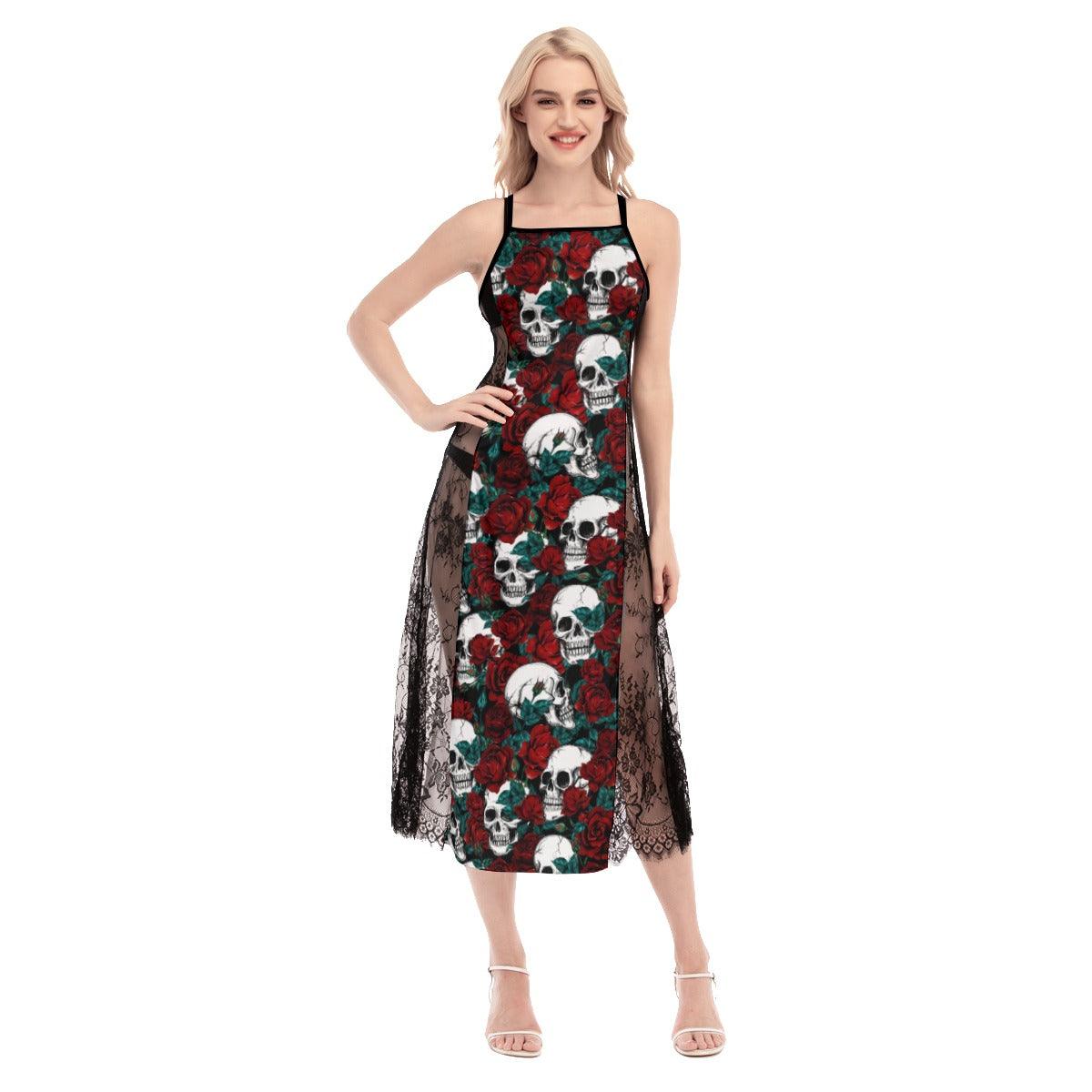 Hot Rose Skull Pattern Lace Cami Cross Back Women Dress - Wonder Skull