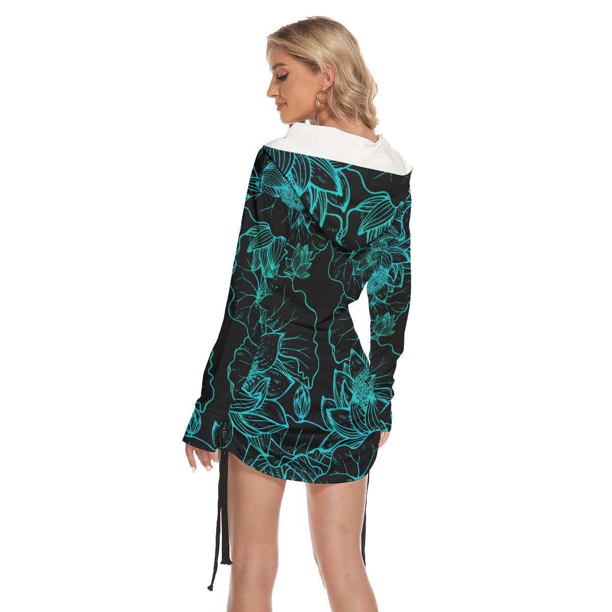 Lotus Pattern Skull Print Open Shoulder Dress - Wonder Skull