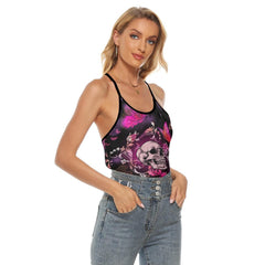 Pink Skull Butterfly Rose Criss-Cross Open Back Tank Top, Coolest T-Shirt For Women - Wonder Skull