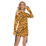 Halloween Witchy Night All Over Print Women One Shoulder Dress With Waist Shirring, Long Hoodie For Women - Wonder Skull