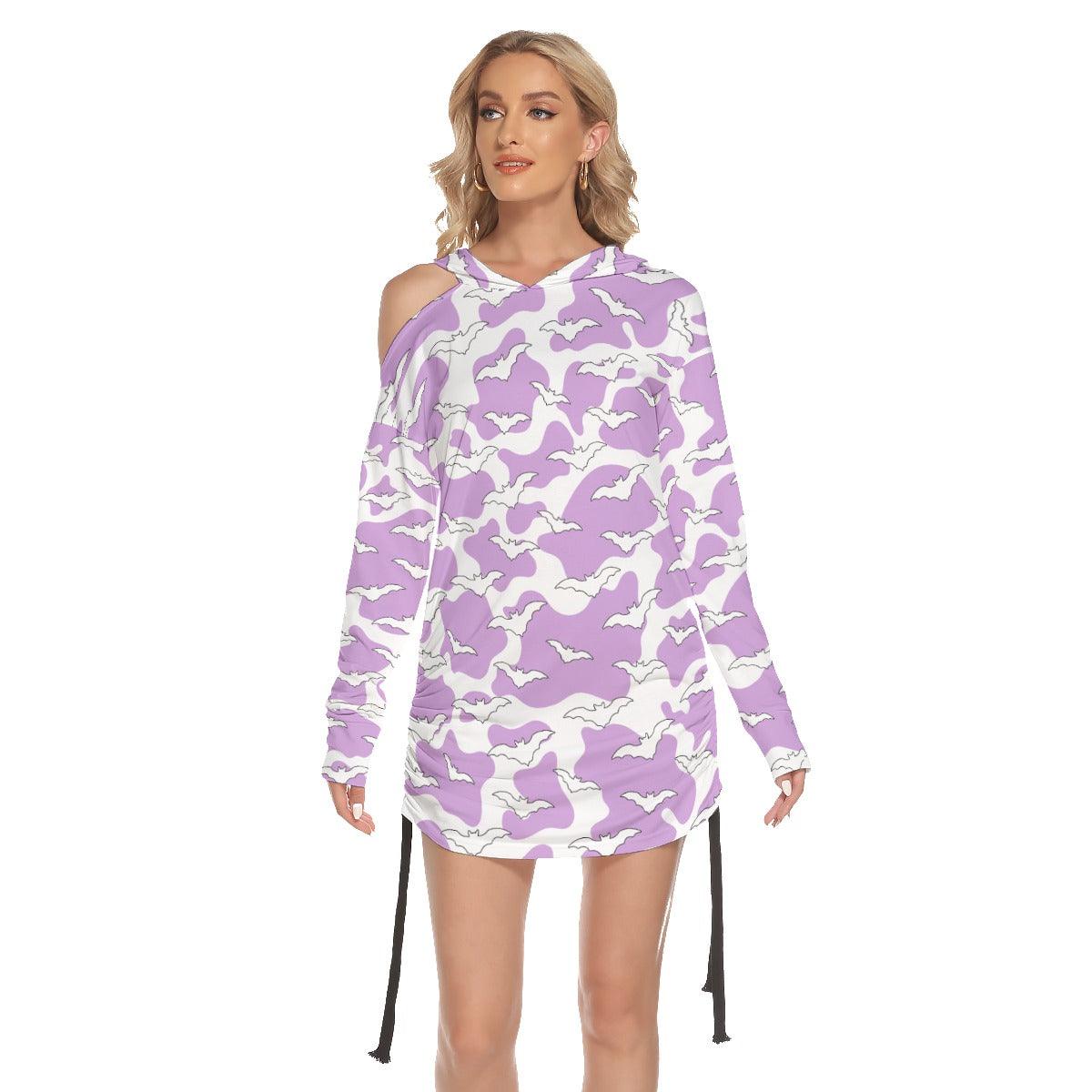 Purple Pastel Bat All Over Print Women One Shoulder Dress With Waist Shirring, Long Hoodie For Women - Wonder Skull