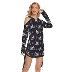 Wolf Pawn Pattern All Over Print Women One Shoulder Dress With Waist Shirring, Long Hoodie For Women - Wonder Skull