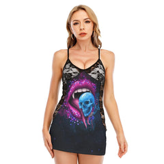 Skull Lips Licks All-Over Print Women Black Lace Cami Dress - Wonder Skull