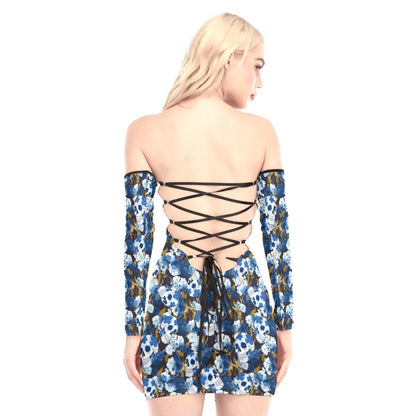 Blue Flower Skull Off-shoulder Back Lace-up Dress - Wonder Skull