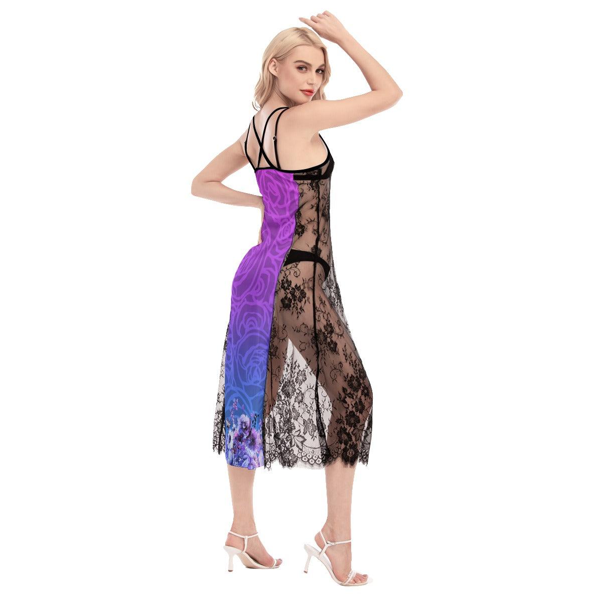 Hot Skull Rose Lace Cami Cross Back Women Dress - Wonder Skull