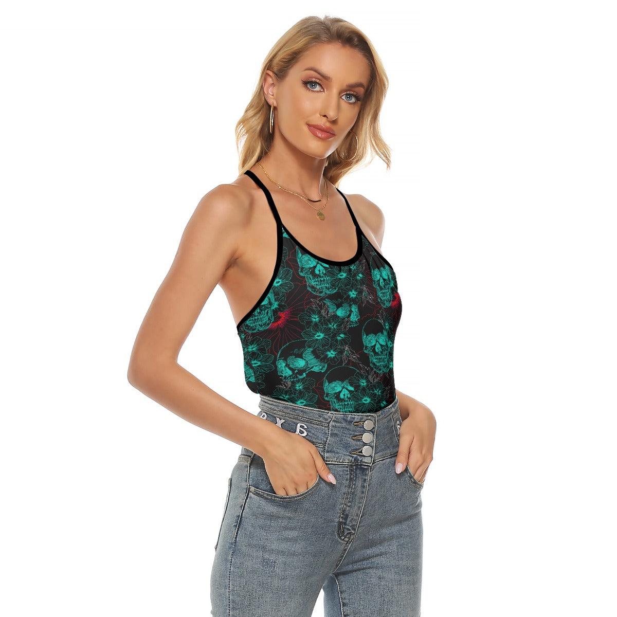 Negative Skull Gothic Criss-Cross Open Back Tank Top, Coolest T-Shirt For Women - Wonder Skull