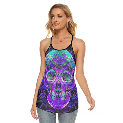 Water Flow Skull Criss-Cross Open Back Tank Top, Coolest T-Shirt For Women - Wonder Skull
