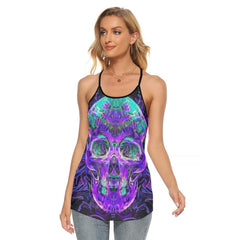 Water Flow Skull Criss-Cross Open Back Tank Top, Coolest T-Shirt For Women - Wonder Skull