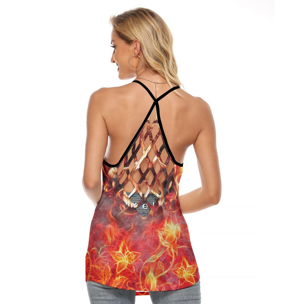 Fire Hell Skull Artwork Criss-Cross Open Back Tank Top, Trending T-Shirt For Women - Wonder Skull