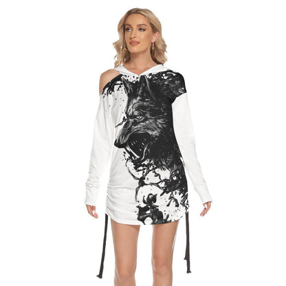 Wolf Warrior All Over Print Women One Shoulder Dress With Waist Shirring, Hot Long Hoodie For Women - Wonder Skull