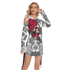 Rose Red Drawing Skull Print Open Shoulder Dress - Wonder Skull