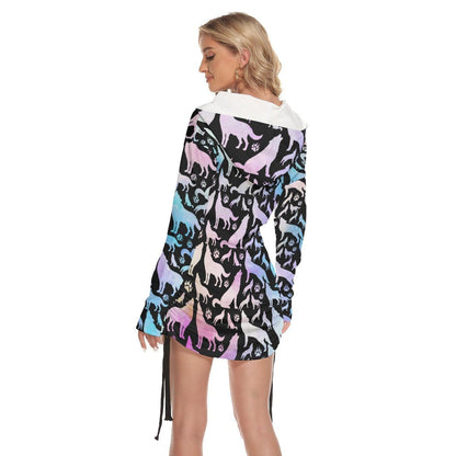 Galaxy Wolf Pattern All Over Print Women One Shoulder Dress With Waist Shirring, Long Hoodie For Women - Wonder Skull